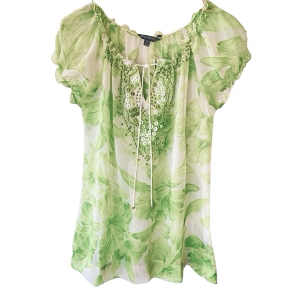 NWT Raga Beaded Short Puff Sleeve Tee - Size Medium Tie Front Green Tunic Top - Picture 4 of 9
